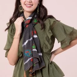 Chumbakdesign Bags & Accessories Tie Dye Lotus Embroidered Black Tie-Dye Rectangular Scarf