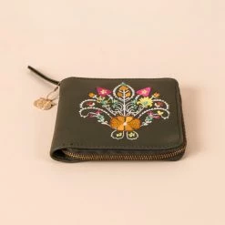 Chumbakdesign Floral Embroidered Zip Around Olive Mini Wallet Bags & Accessories