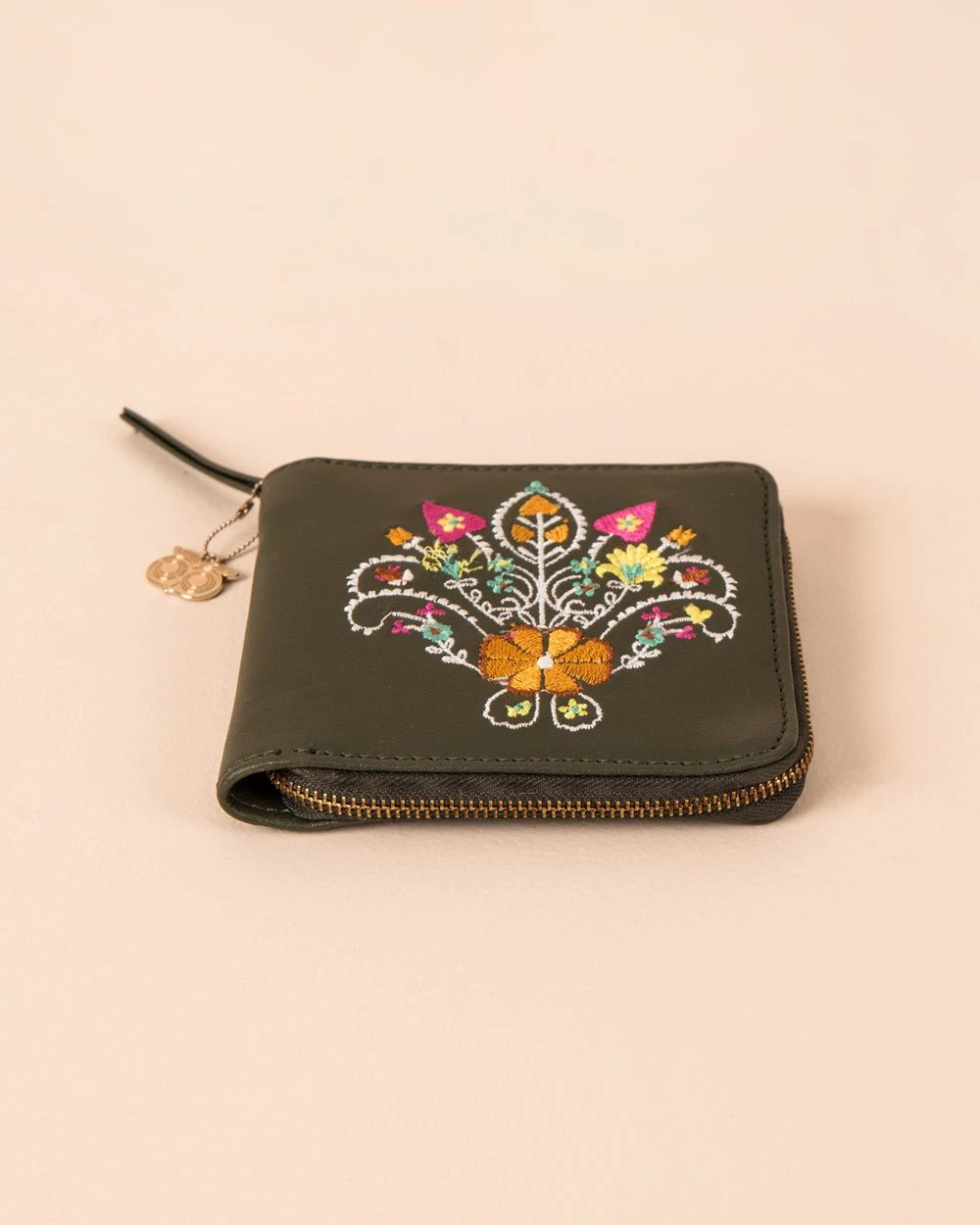 Chumbakdesign Floral Embroidered Zip Around Olive Mini Wallet Bags & Accessories 4 Chumbakdesign Floral Embroidered Zip Around Olive Mini Wallet Bags & Accessories