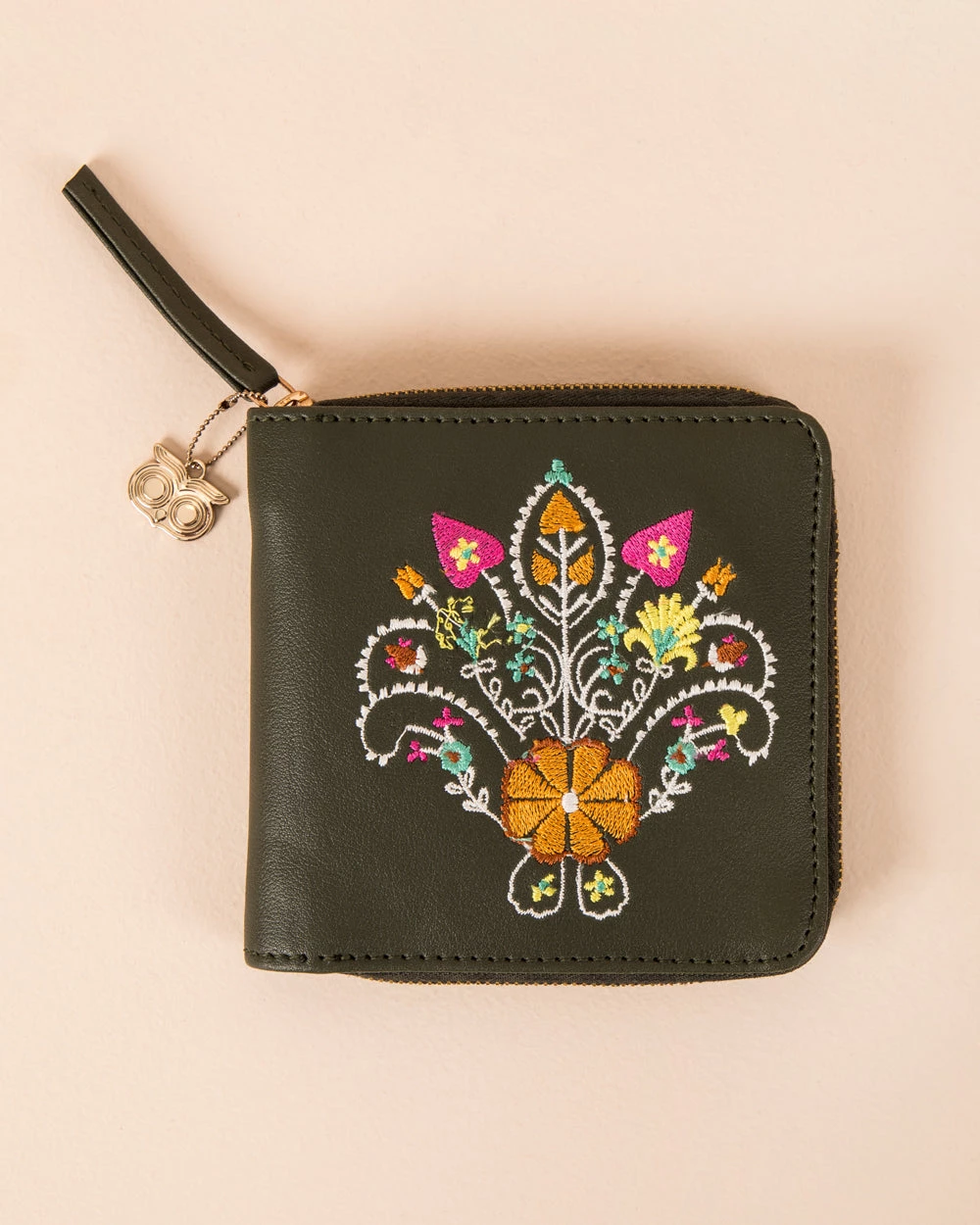 Chumbakdesign Floral Embroidered Zip Around Olive Mini Wallet Bags & Accessories 3 Chumbakdesign Floral Embroidered Zip Around Olive Mini Wallet Bags & Accessories