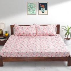 Chumbakdesign Bed & Furnishing TEAL By Chumbak Tokyo Garden Bedsheet - Queen Size, 144TC, Pink