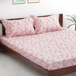 Chumbakdesign Bed & Furnishing TEAL By Chumbak Tokyo Garden Bedsheet - Queen Size, 144TC, Pink