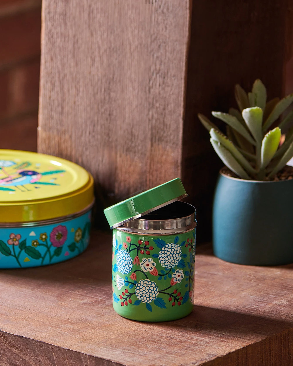 Chumbakdesign Dining & Kitchen Green Floral Steel Storage Jar 3 Chumbakdesign Dining & Kitchen Green Floral Steel Storage Jar