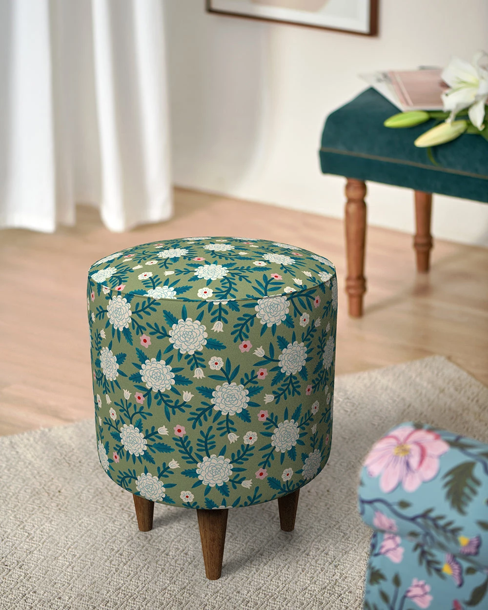 Chumbakdesign Furniture & Storage French Pouffe - Spring Marigold Green 3 Chumbakdesign Furniture & Storage French Pouffe - Spring Marigold Green