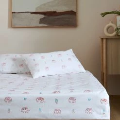 Chumbakdesign Bed & Furnishing TEAL By Chumbak Savannahs Elephants Bedsheet - Queen Size , 136TC, Ivory