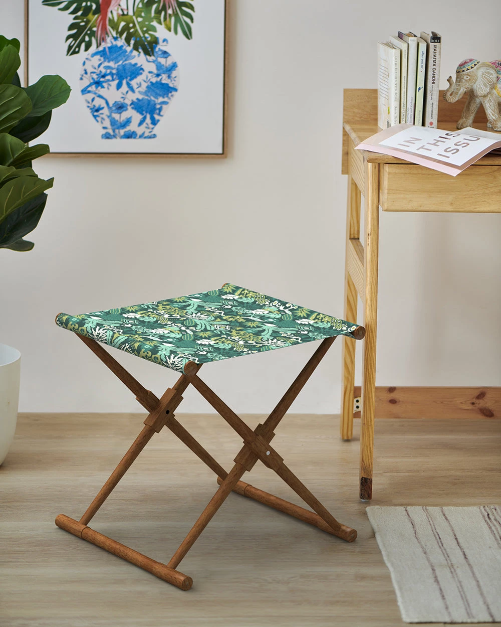 Chumbakdesign Bistro Folding Bench - Tropical Ikkat Green Furniture & Storage 3 Chumbakdesign Bistro Folding Bench - Tropical Ikkat Green Furniture & Storage
