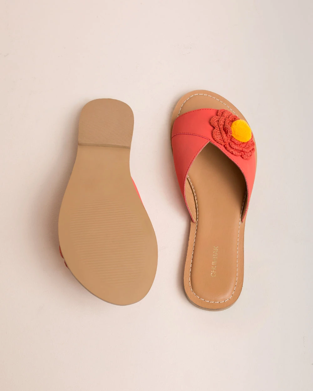 Chumbakdesign FootwearFootwear Pom Pom Flower Coral Sliders 5 Chumbakdesign FootwearFootwear Pom Pom Flower Coral Sliders